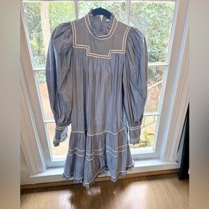 Ulla Johnson Chambray Long Sleeve Dress with Cream Trim